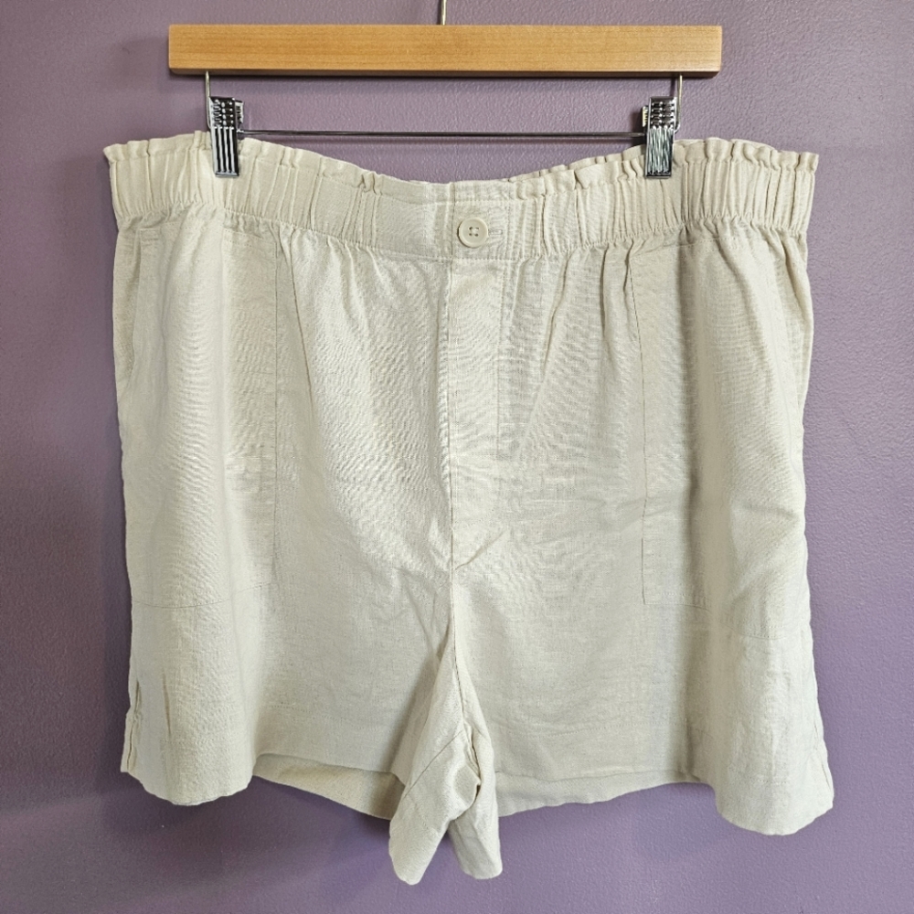 NEW LOFT Outlet Beige Smocked Waist Linen Blend High Rise Wide Leg Shorts